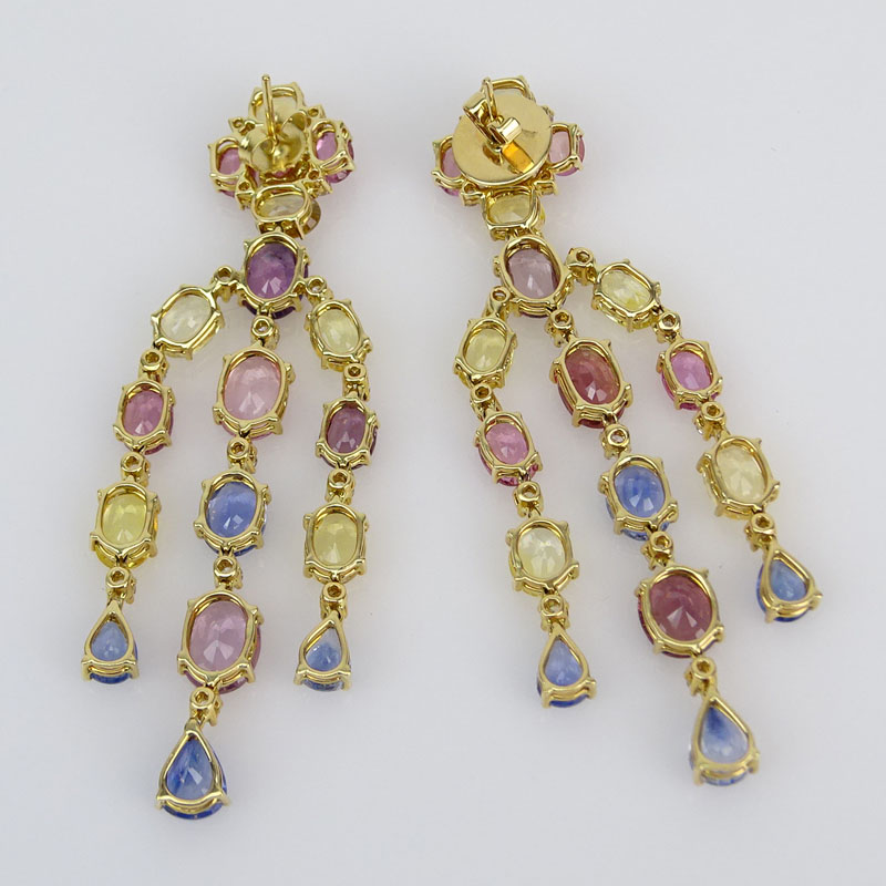 Cotemporary Approx. 47.37 Carat Multi Color Sapphire, 1.70 Carat Round Brilliant Cut Diamond and 18 Karat Yellow Gold Chandelier Earrings. 