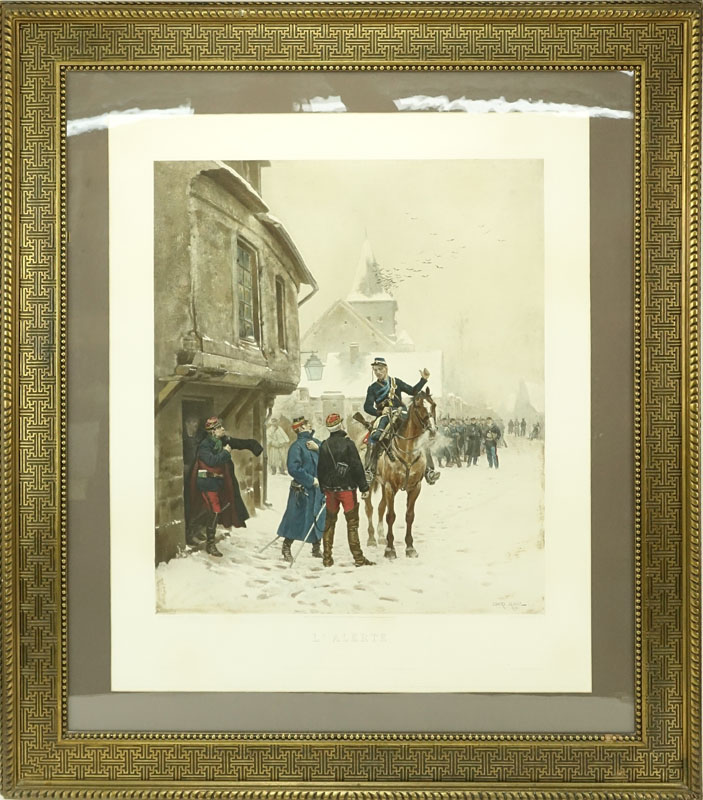 After: Edouard Jean Baptiste Detaille, French (1848-1912) "L'Alerte" Color Photogravure. 