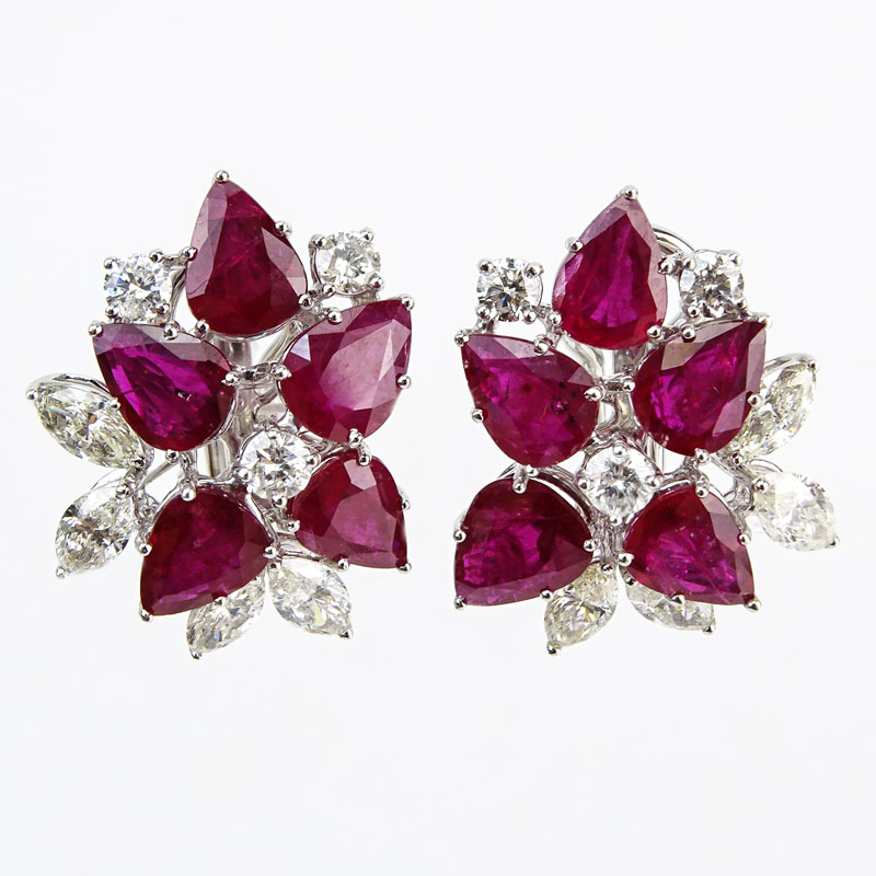 Approx. 10.50 Carat Pear Shape Burma Ruby, 3.20 Carat Diamond and 18 Karat White Gold earrings. 