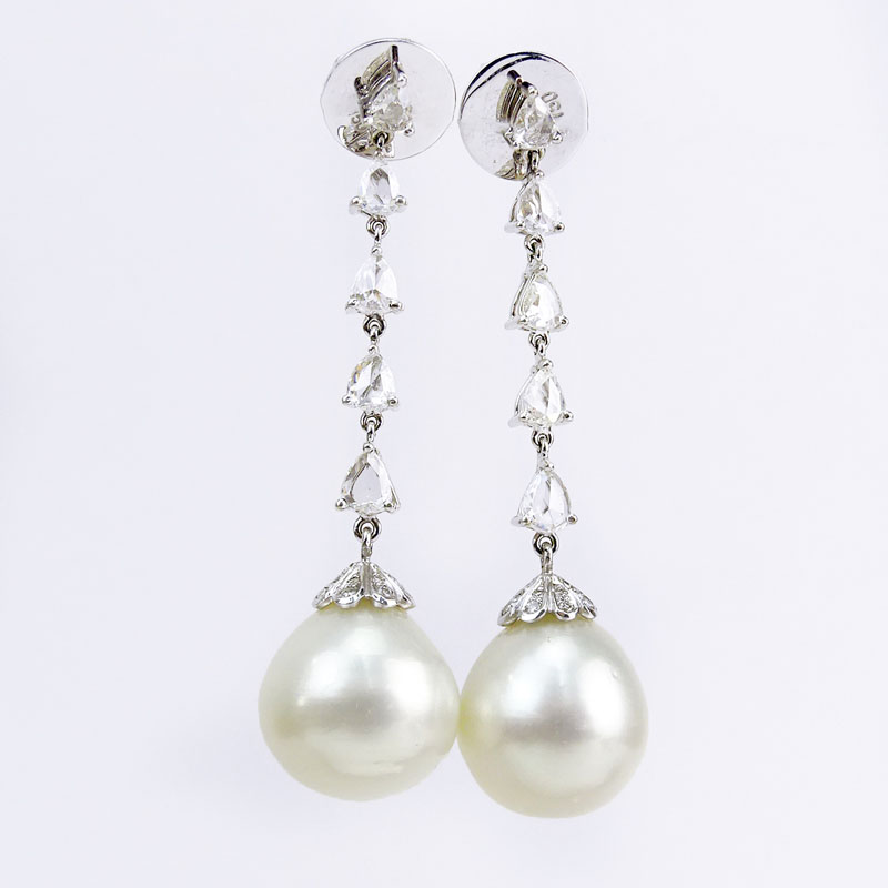 Contemporary South Sea Pearl, 2.10 Carat Rose Cut Diamond and 18 Karat White Gold Pendant Earrings. 