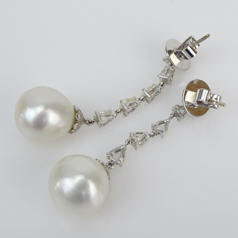 Contemporary South Sea Pearl, 2.10 Carat Rose Cut Diamond and 18 Karat White Gold Pendant Earrings. 