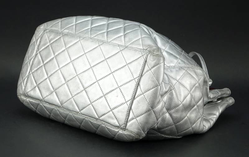 Chanel Silver Quilted Lambskin Leather Large Tote with Tortoise Handles.