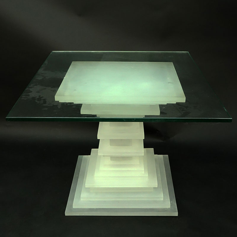 Retro Stacked Lucite Pedestal Table. Comprised of multiple layers of frosted Lucite squares.