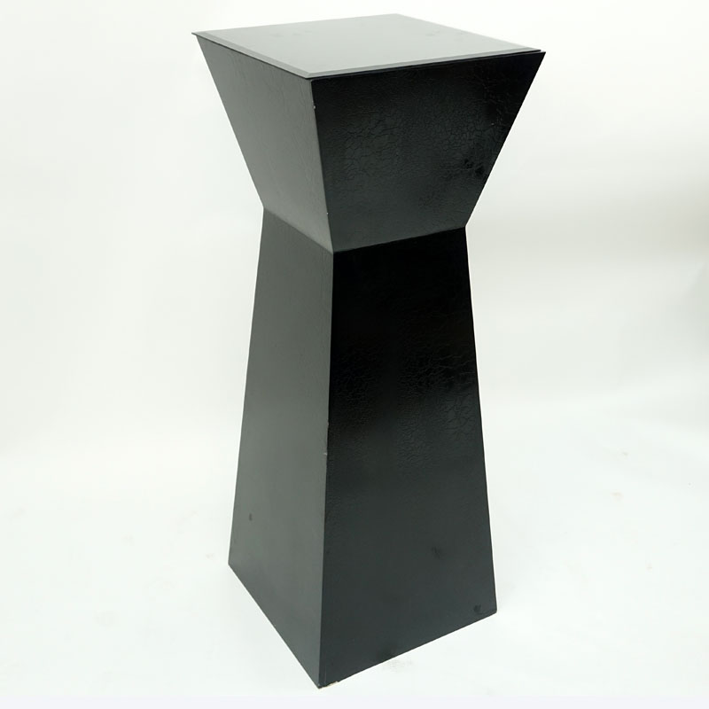 Modern Black Textured Lacquered Pedestal with Smoky Glass Top.