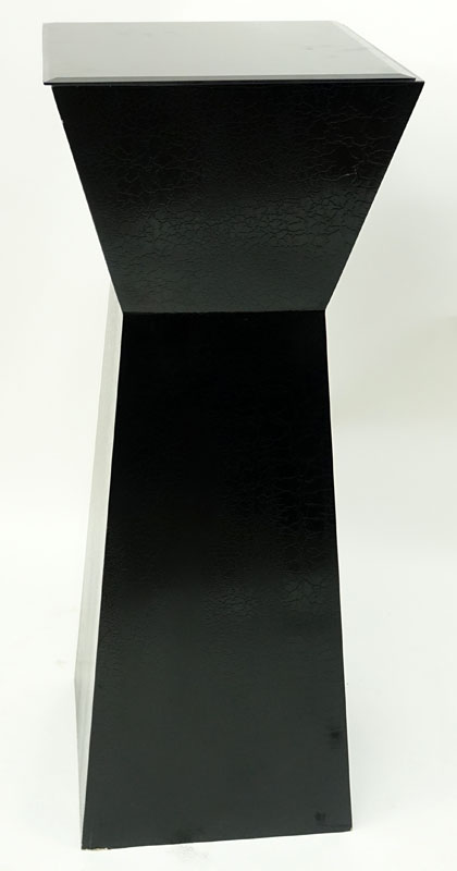 Modern Black Textured Lacquered Pedestal with Smoky Glass Top.