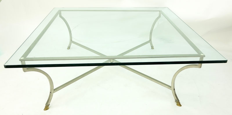 Maison Jansen Style Steel and Brass Glass Top Coffee Table.