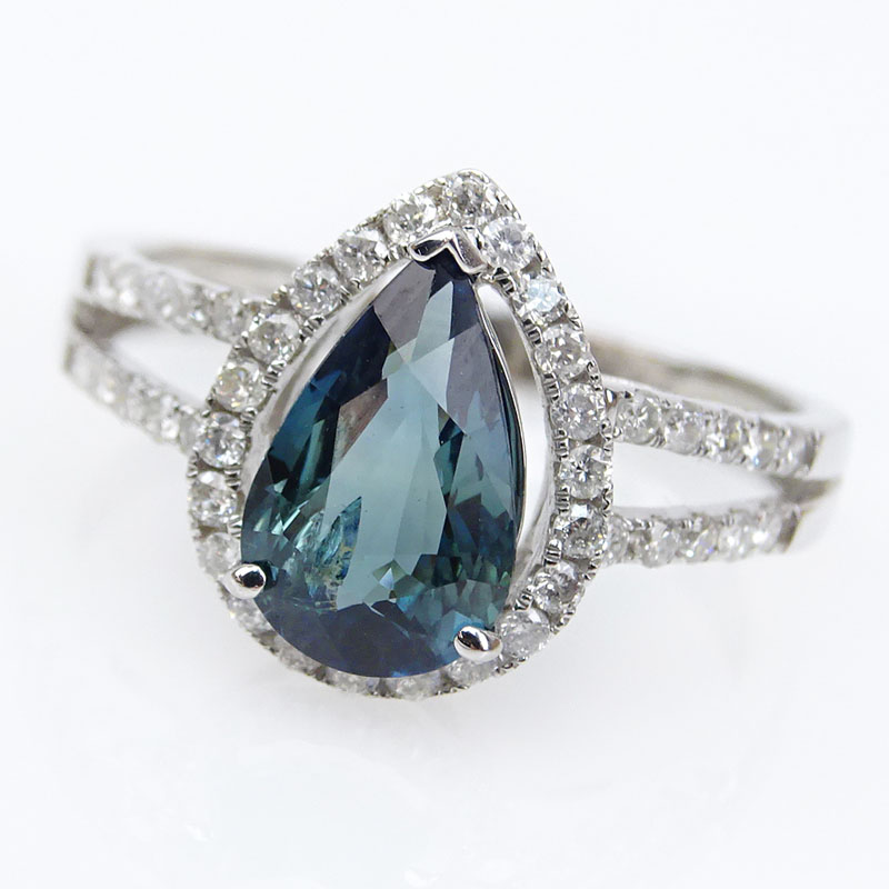 GIA Certified 1.90 Carat Pear Shape Natural Unheated Greenish Blue Sapphire, Micro Pave Set Diamond and 14 Karat White Gold Ring. 