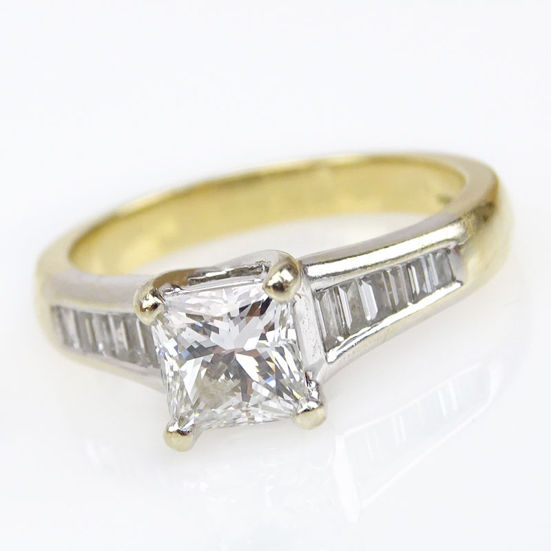Vintage Approx. 1.0 Carat Princess Cut Diamond and 18 Karat Yellow and White Gold Engagement Ring.
