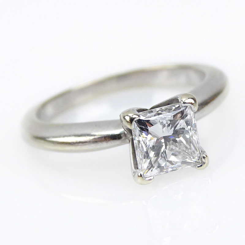 GIA Certified .91 Carat Princess Cut Diamond and 14 Karat White Gold Engagement Ring.