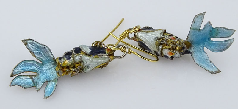 Pair Vintage Chinese Enameled Silver Articulated Fish Pendant Earrings with Silk Case.