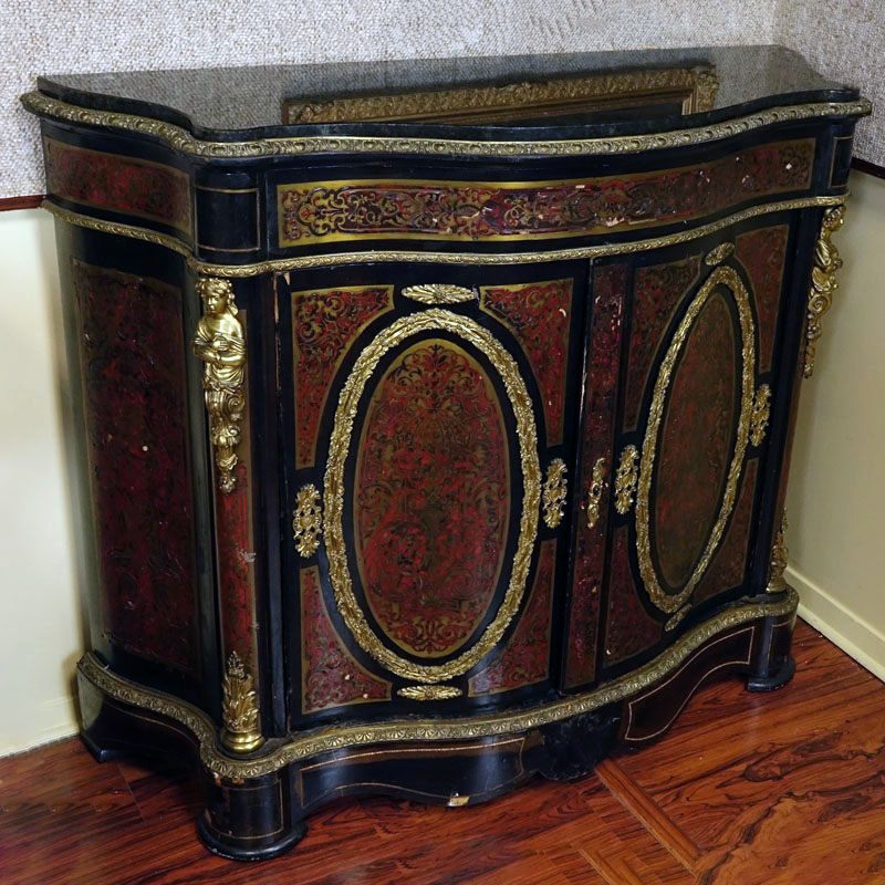 19/20th Century French Bronze Mounted 2 Door Boule Style Cabinet With Later Marble Top.