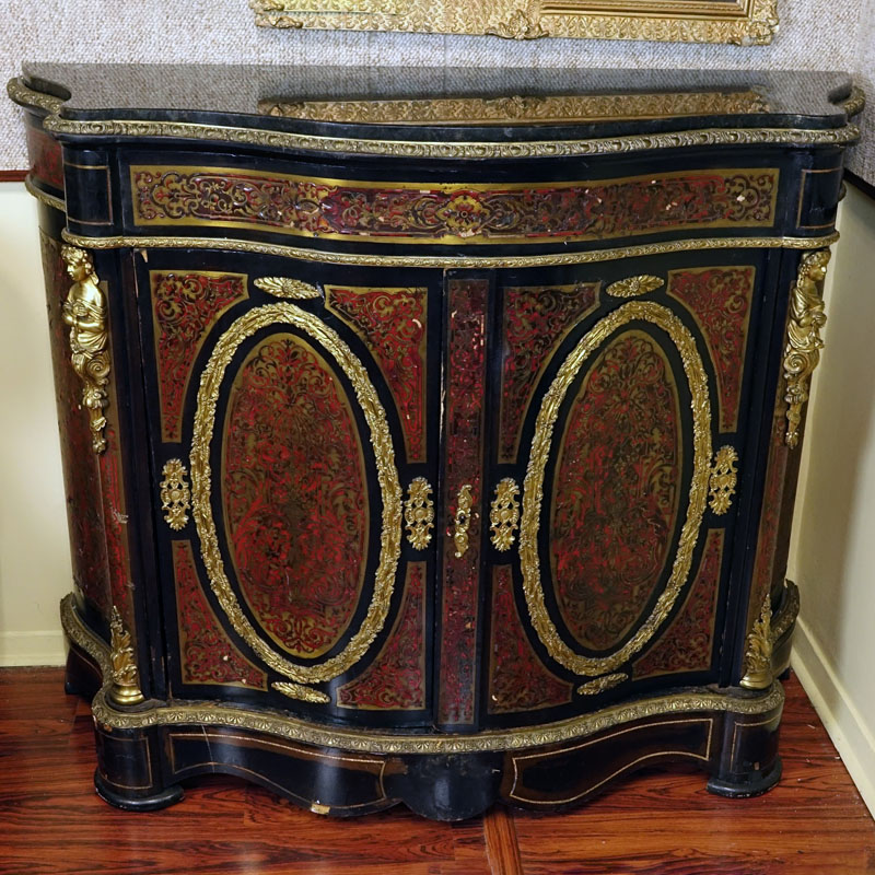 19/20th Century French Bronze Mounted 2 Door Boule Style Cabinet With Later Marble Top.