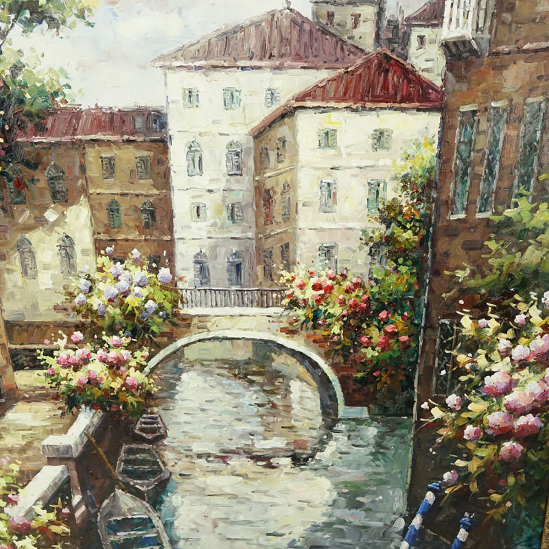 Large 20th Century Oil on Canvas "Venetian Waterway" Artist Signed Lambortini.