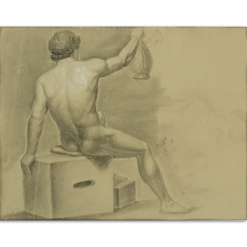 18th Century Graphite and Pastel On Paper "Seated Nude Male Figure". 