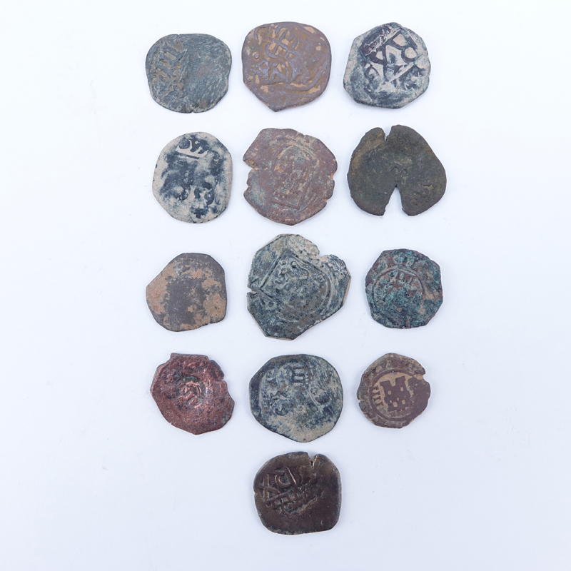 Collection of Thirteen (13) Spanish Colonial Copper Coins. Possibly 16th century or later.