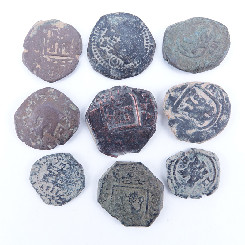 Collection of Nine (9) Spanish Philip IV Maravedis Cobb Coins. Possibly 16th century or later.