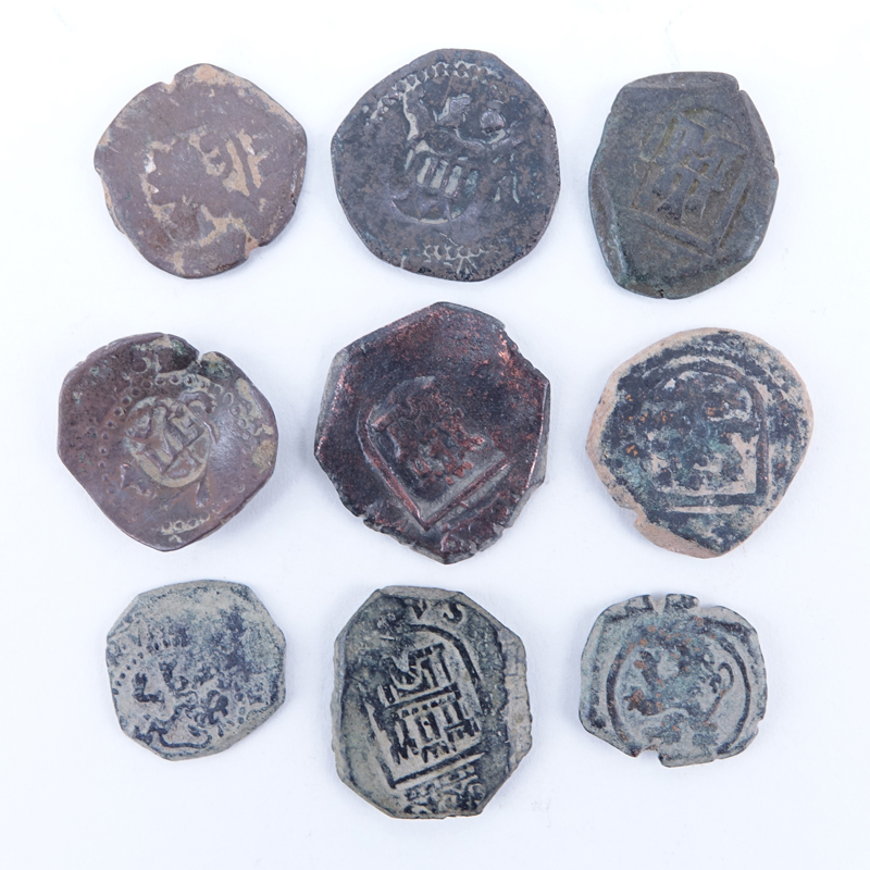 Collection of Nine (9) Spanish Philip IV Maravedis Cobb Coins. Possibly 16th century or later.