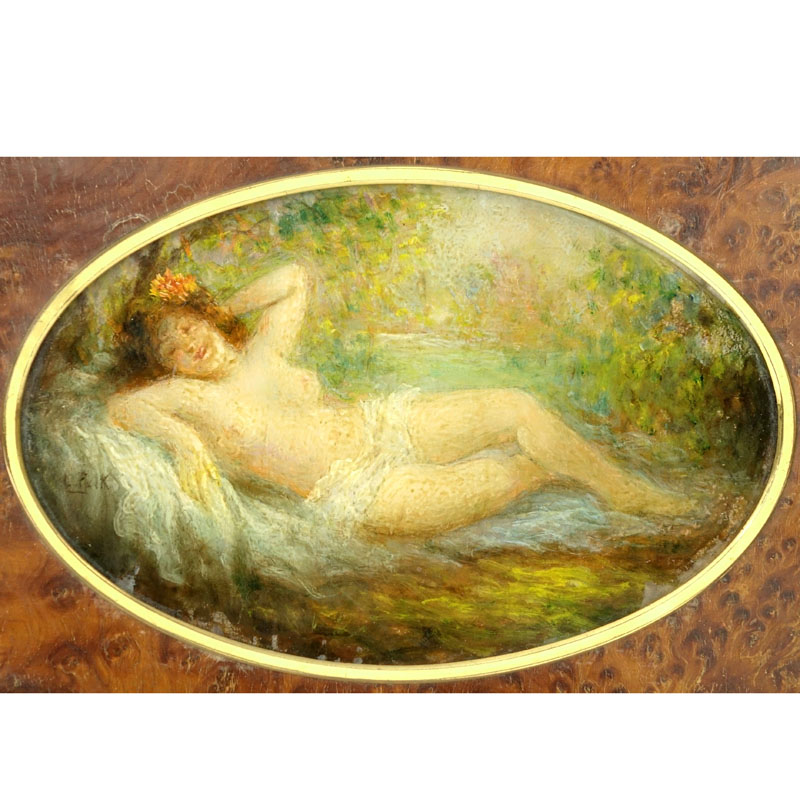 19th Century European School Gouache on Panel "Reclining Nude In Landscape". 