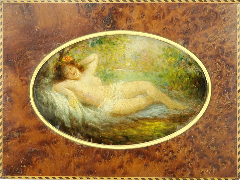 19th Century European School Gouache on Panel "Reclining Nude In Landscape". 