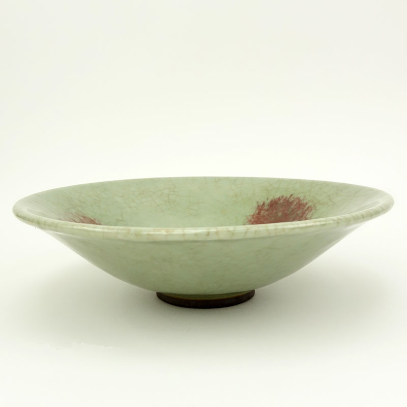 Chinese Possibly Song Dynasty Celadon With Red Splash Crackle Glaze Pottery Bowl.