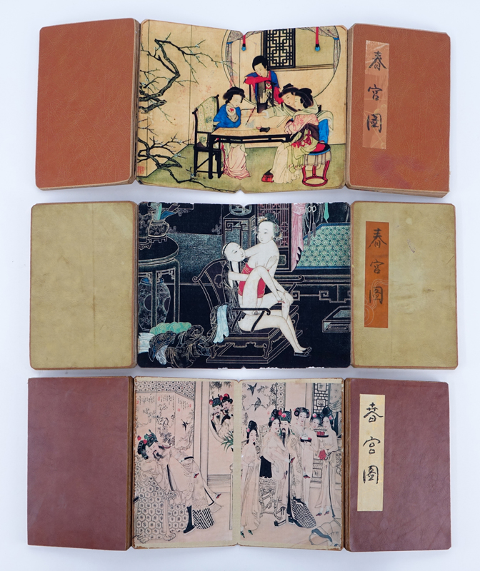 Grouping of Three (3) 19/20th Century Chinese Erotic Scroll Pillow Book. Signed.