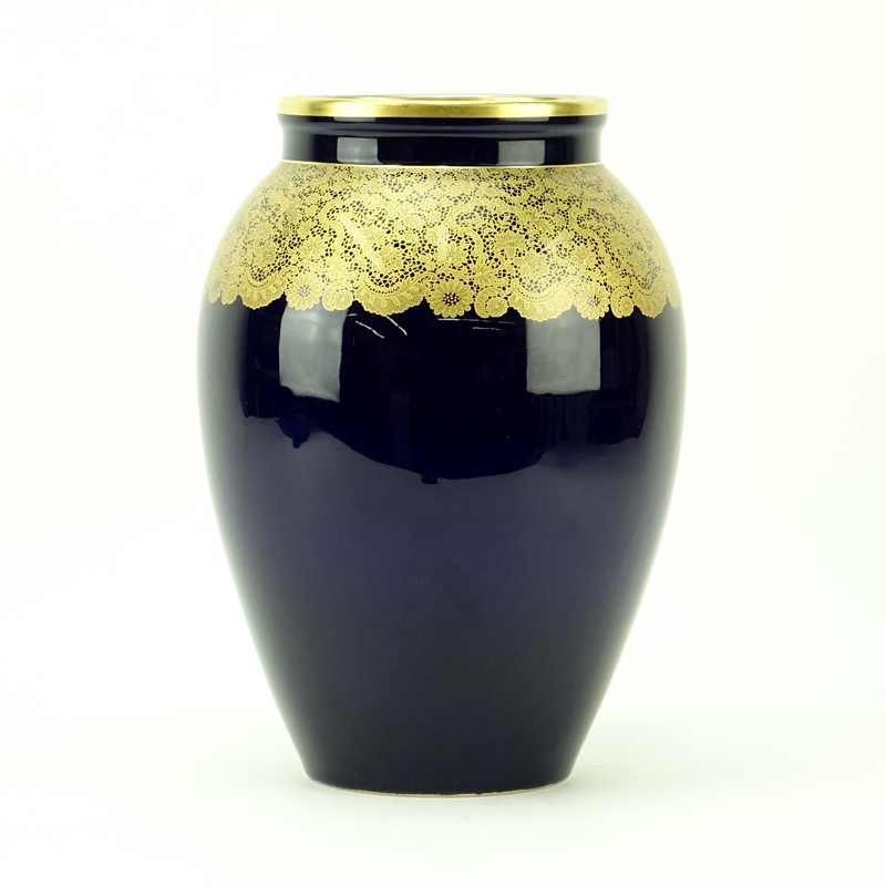Vintage Hutschenreuther Vase. Cobalt ground with gold "lace" trim. 