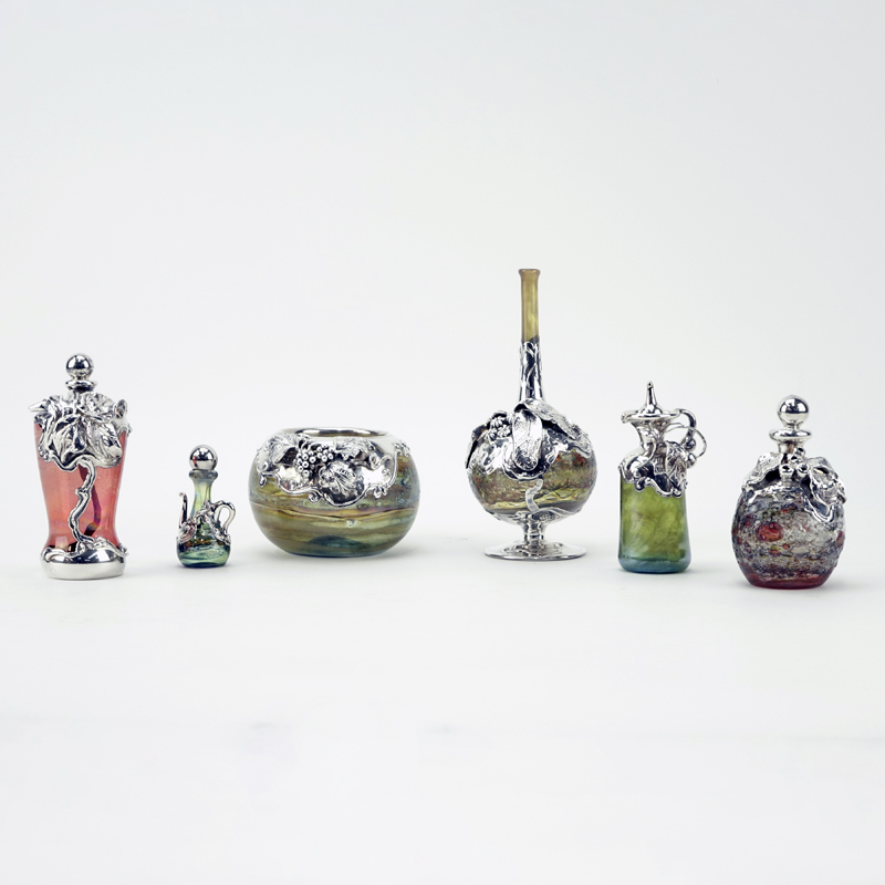 Collection of Six (6) King Solomon's Finds, Israel Sterling Overlay Blown Glass Tabletop Items.
