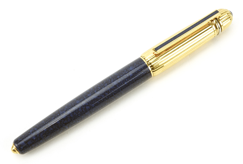 Cartier "Pasha" Gold Plate and Blue Lapis Lacquer Ballpoint Pen in Original Fitted Box. 