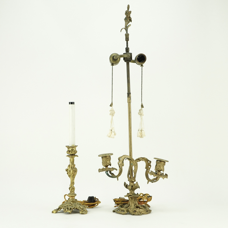 Two (2) Antique Art Nouveau Style Gilt Brass Lamps.