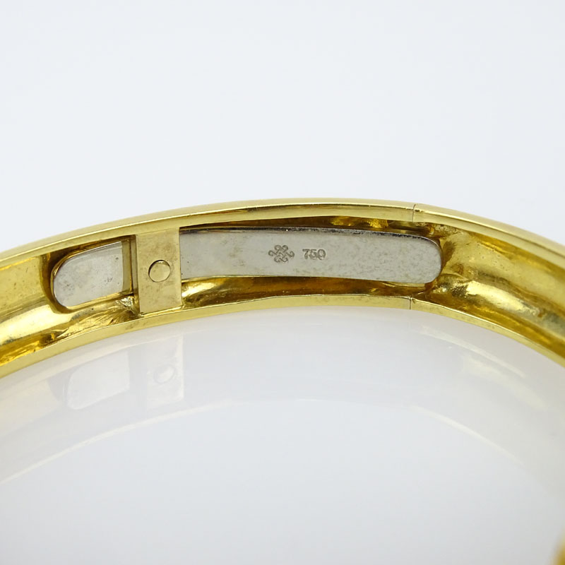 Vintage Italian 18 Karat Yellow Gold, Red Coral and Pave Set Diamond Hinged Cuff Bangle Bracelet. 