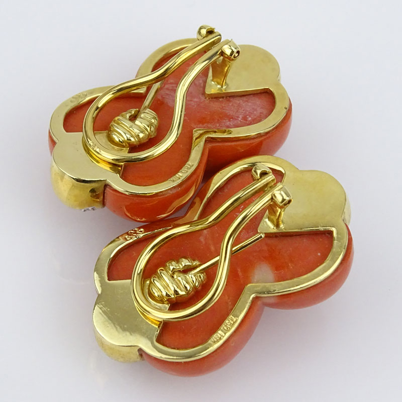 Vintage Italian 18 Karat Yellow Gold, Carved Red Coral and Pave Set Diamond Knot style Earrings. 