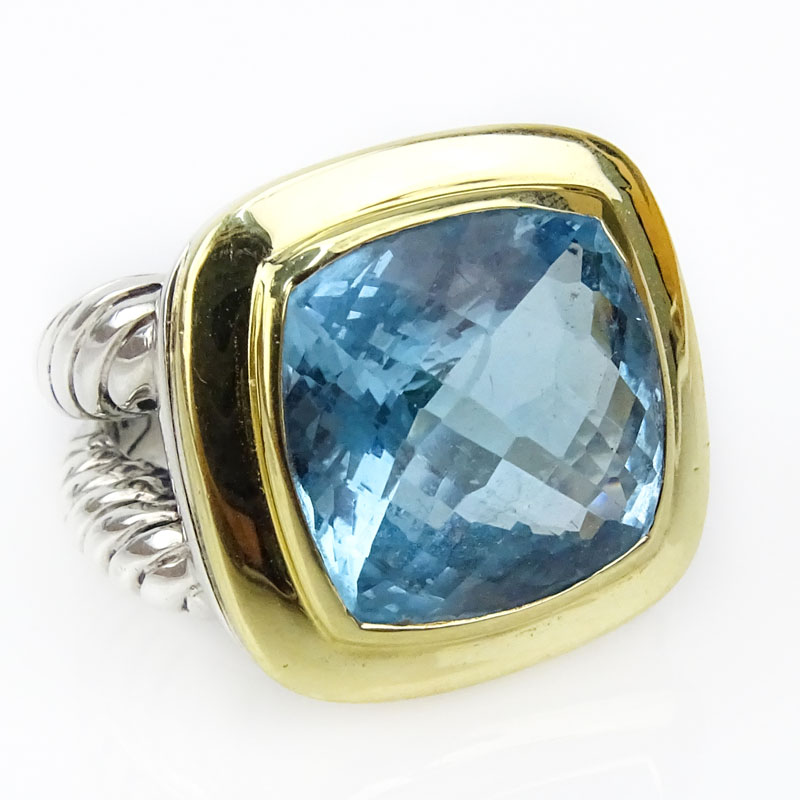 David Yurman Cushion Cut Blue Topaz, 18 Karat Yellow Gold and Sterling Silver Cable Wire Cocktail Ring. 