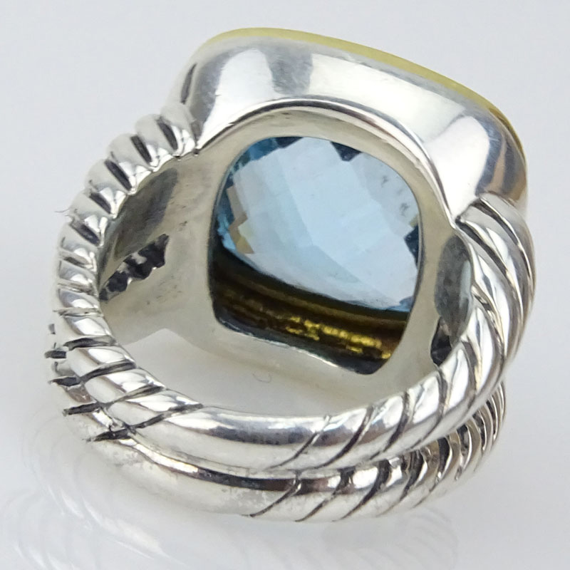 David Yurman Cushion Cut Blue Topaz, 18 Karat Yellow Gold and Sterling Silver Cable Wire Cocktail Ring. 
