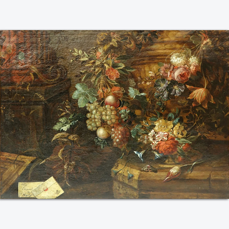 17th Century English Old Master Oil On Canvas "Still Life With Flowers, Insects, Sealed Letter and Snake".