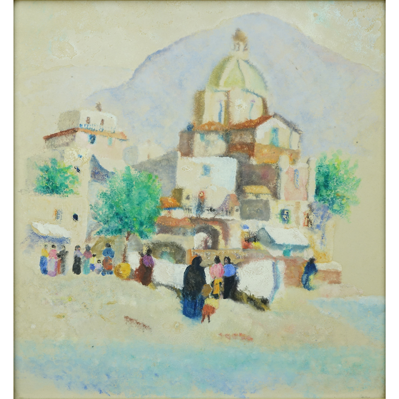 Attributed to: Paul Victor Jules Signac, French (1863 - 1935) Gouache "Mountain Village" Unsigned. 