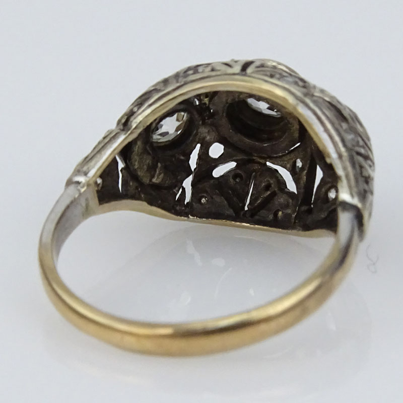 Art Deco Old European Cut Diamond and 14 Karat White Gold Filigree Three Stone Dome Ring.
