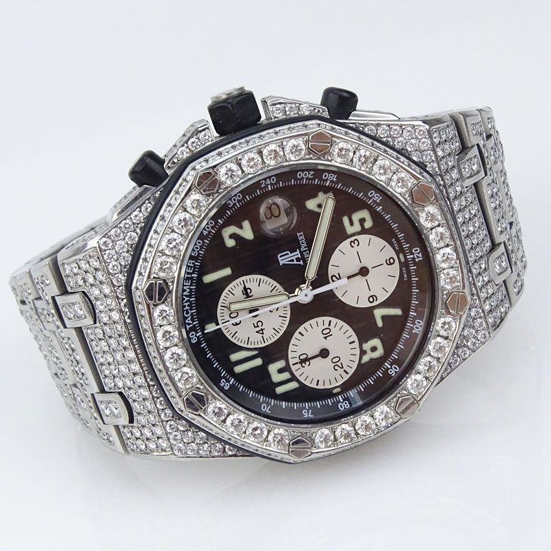 Man's Audemars Piquet 22.0 Carat Pave Set Round Diamond and Stainless Steel Royal Oak Offshore Automatic Chronograph.