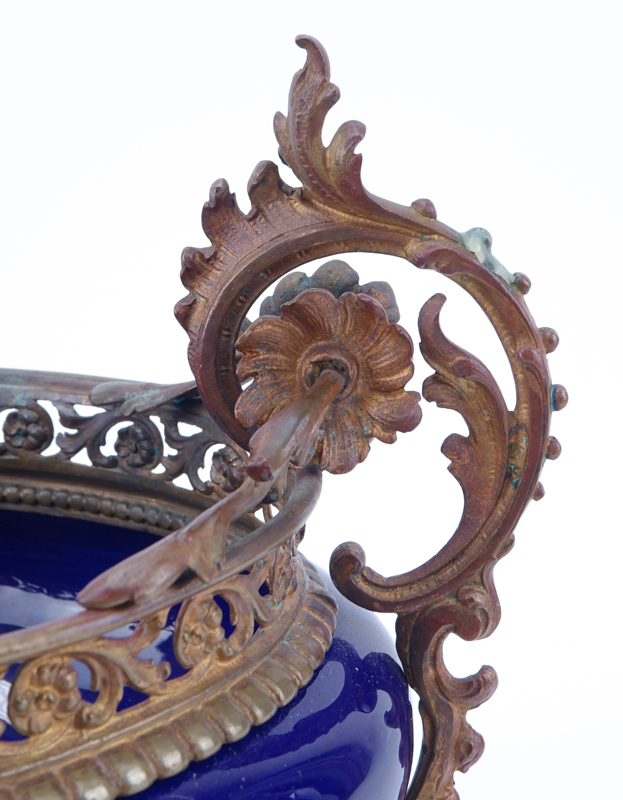 Antique Sevres-Style Gilt Bronze Mounted Cobalt Blue Centerpiece.