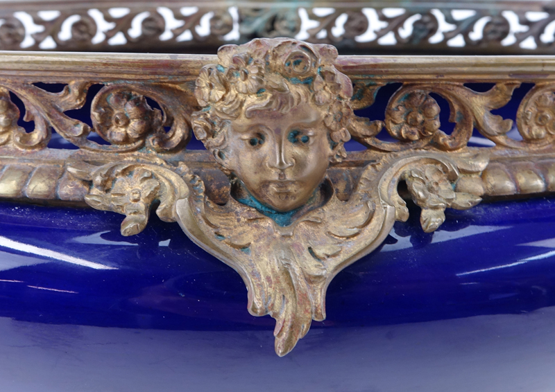 Antique Sevres-Style Gilt Bronze Mounted Cobalt Blue Centerpiece.