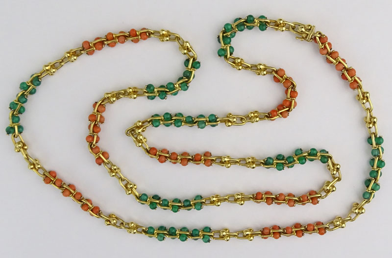 Vintage Bulgari 18 Karat Yellow Gold Link Necklace with Red Coral and Chrysoprase Beads.
