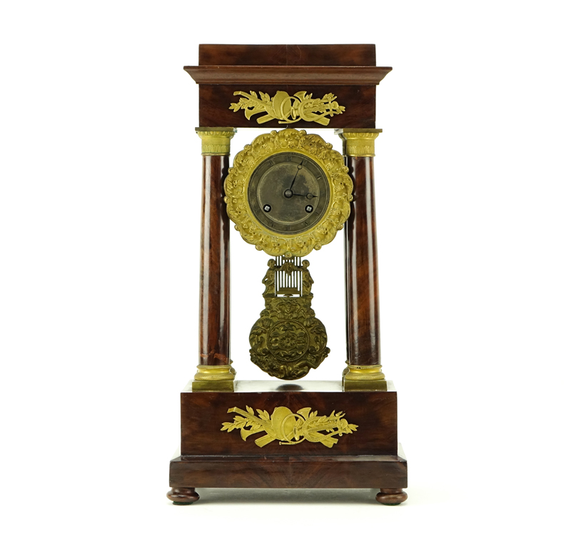 French Empire Gilt Bronze Mounted Mahogany Portico Mantel Clock.