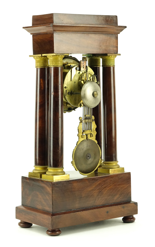 French Empire Gilt Bronze Mounted Mahogany Portico Mantel Clock.