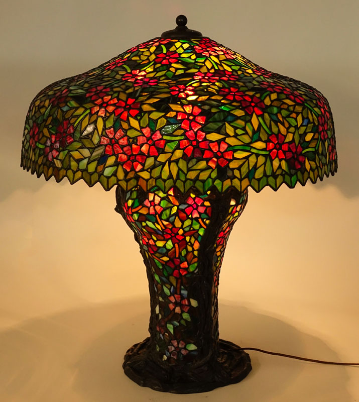Large Tiffany Style "Cherry Blossom" Stained Glass Lamp with Oversize Shade. 