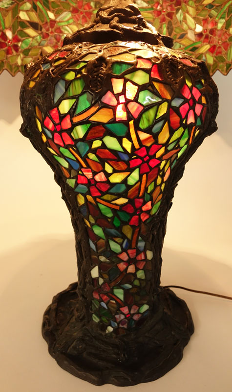 Large Tiffany Style "Cherry Blossom" Stained Glass Lamp with Oversize Shade. 