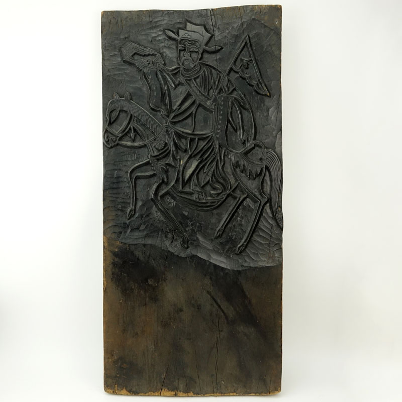 Chinese Two-Sided Carved Wood Panel. Depicts soldier on horseback on both sides.
