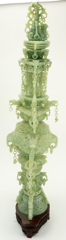 Large 19/20th Century Chinese Carved Serpentine Jade Reticulated Incense Burner on Wooden Stand.