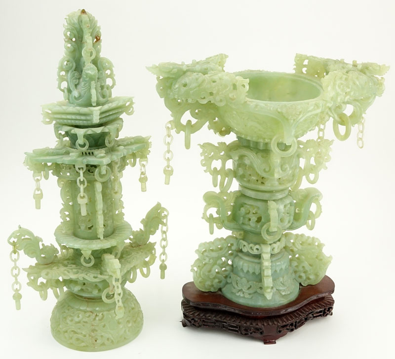 Large 19/20th Century Chinese Carved Serpentine Jade Reticulated Incense Burner on Wooden Stand.