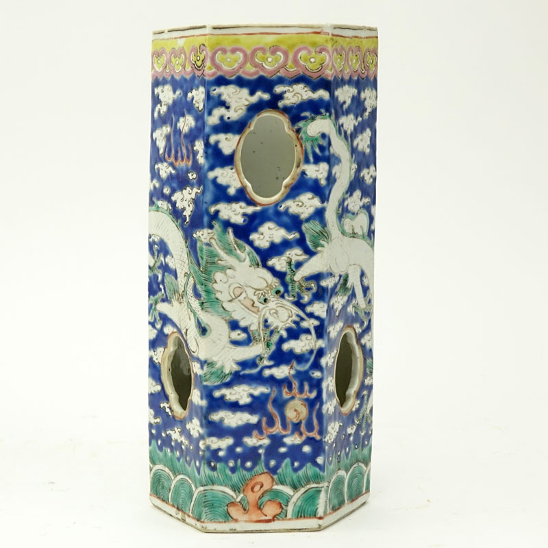Late 19th or Early 20th Century Chinese Blue Ground "Dragon" Hexagonal Hat Stand. 