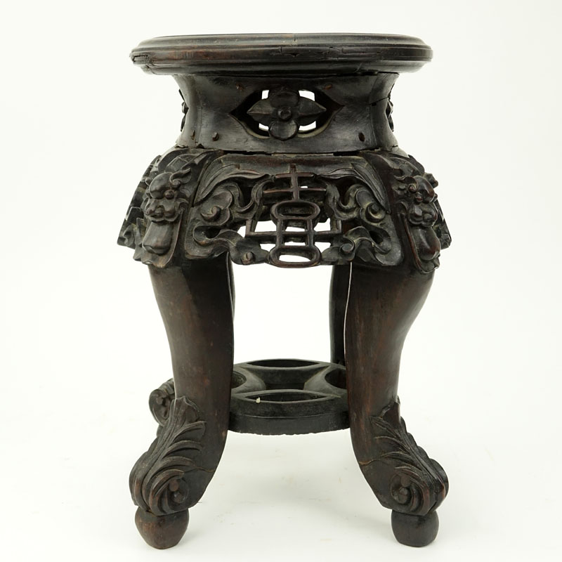19/20th Century Chinese Carved Wood Plant Stand with Marble Top.