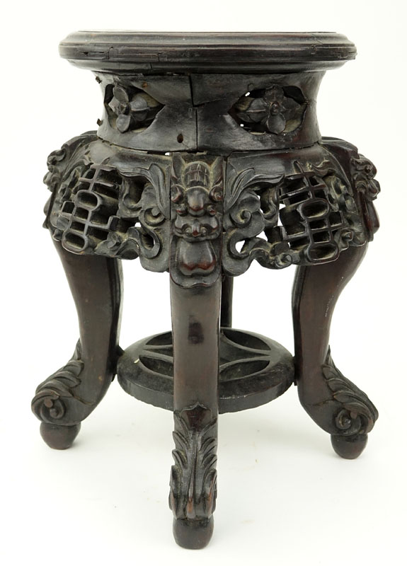 19/20th Century Chinese Carved Wood Plant Stand with Marble Top.